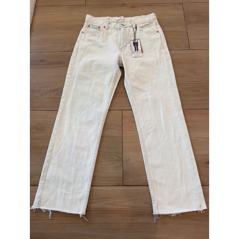 Mango MNG Sayana‎ Straight Cropped Mid Waist Jeans Light Wash Frayed Hem Size 27